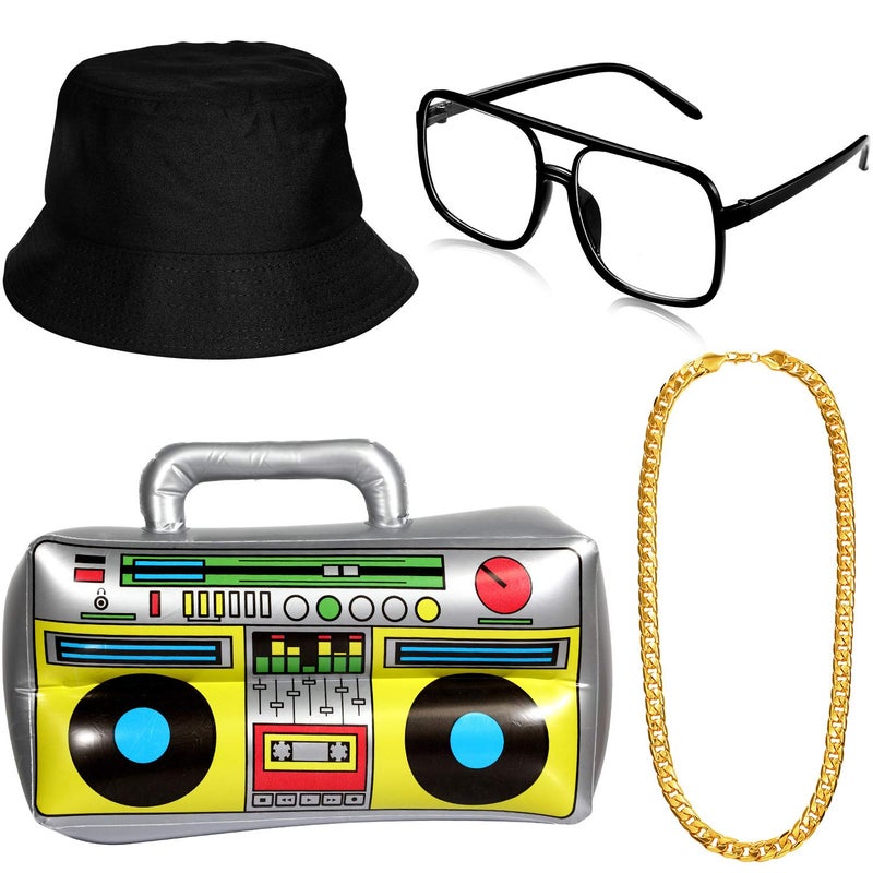 meekoo Halloween 80s/ 90s Hip Hop Costume Kit Rapper Bucket Hat Sunglasses Gold Chain Cosplay Accessories for Men Theme Party(Black) - Image 1